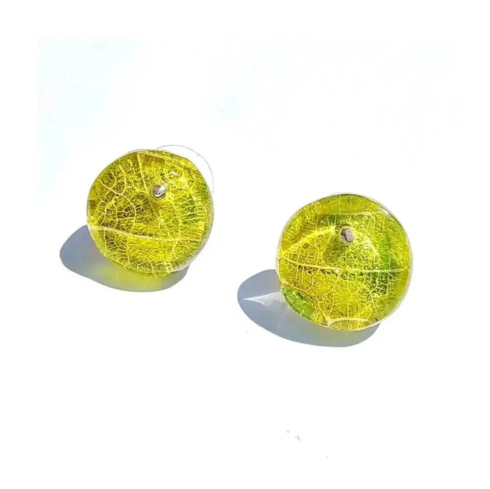 Lemon Yellow stud earrings Recycled Plastic silver leaf Silver Sue Gregor
