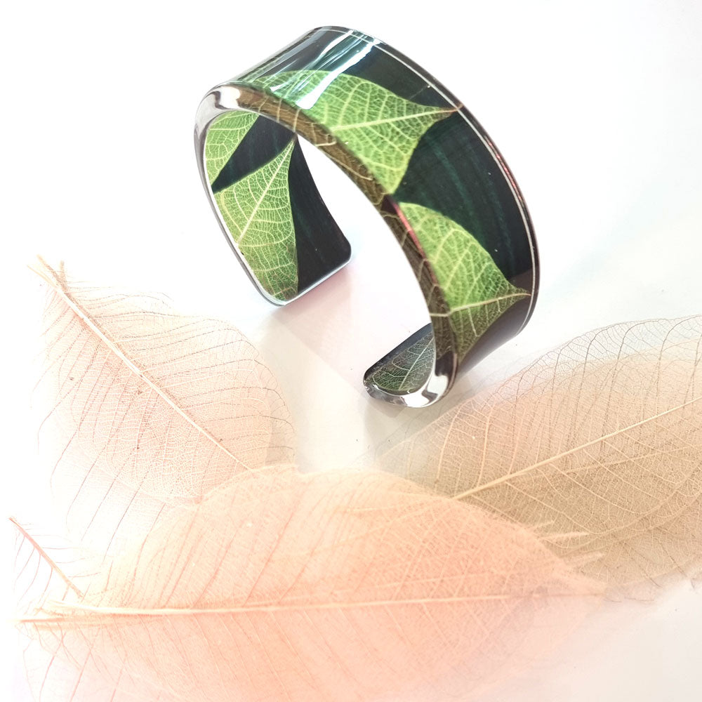 Green Skeleton Leaf  Narrow Cuff | Recycled Perspex