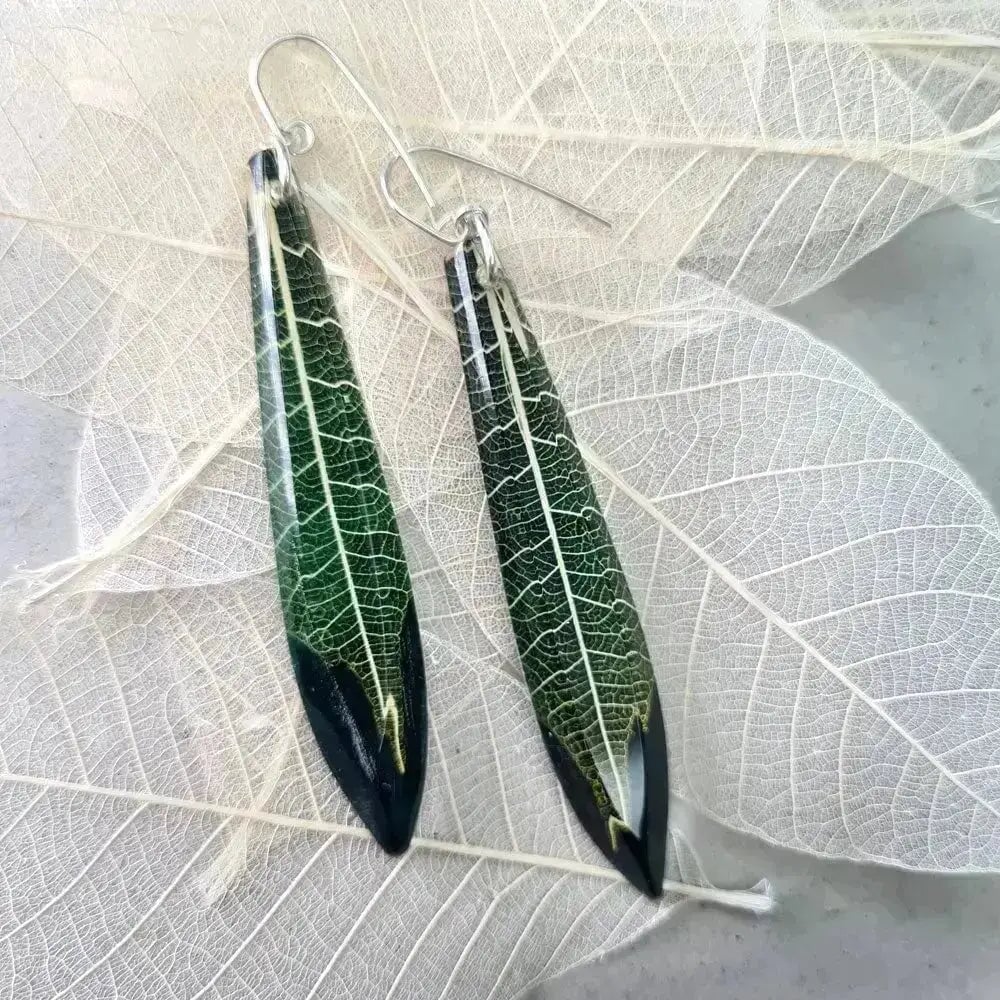 Dark Green Skeleton Leaf | Long Drop Earrings Sue Gregor