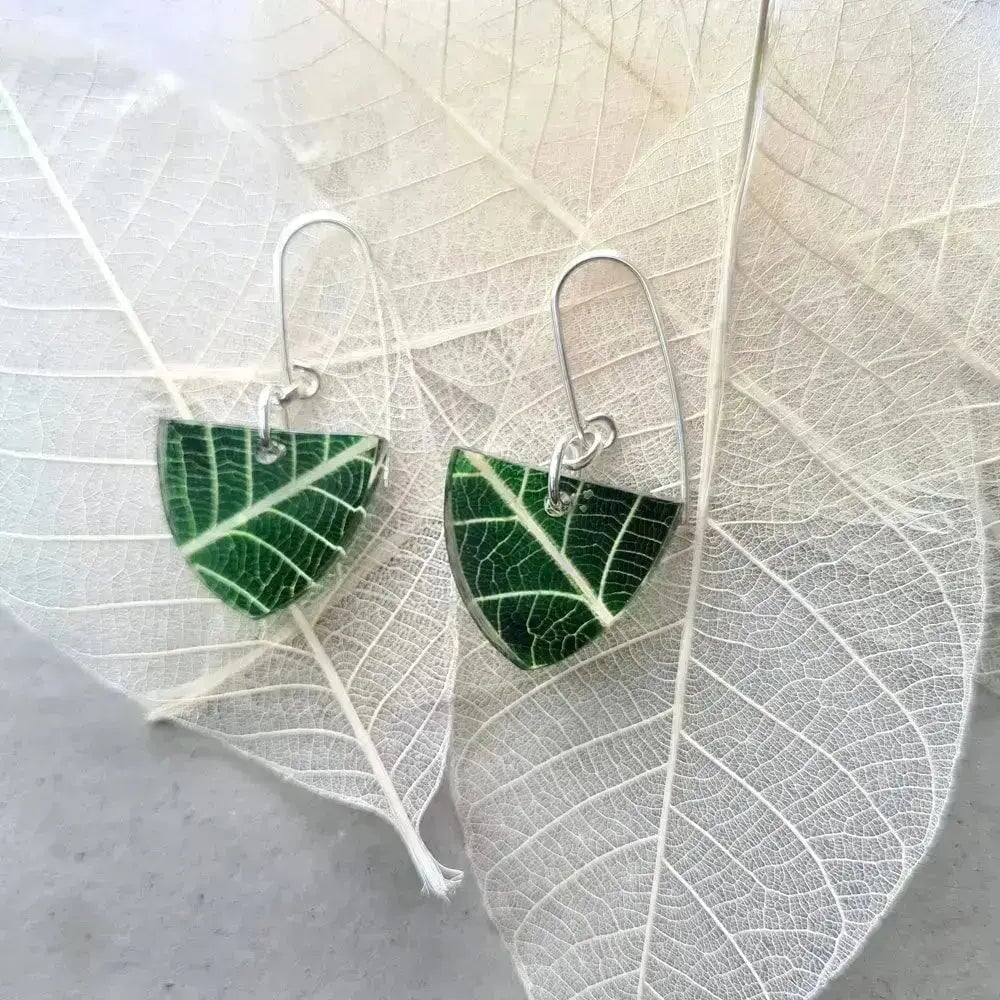 Viridian Skeleton Leaf | Small Triangle Earrings | Recycled Perspex Sue Gregor
