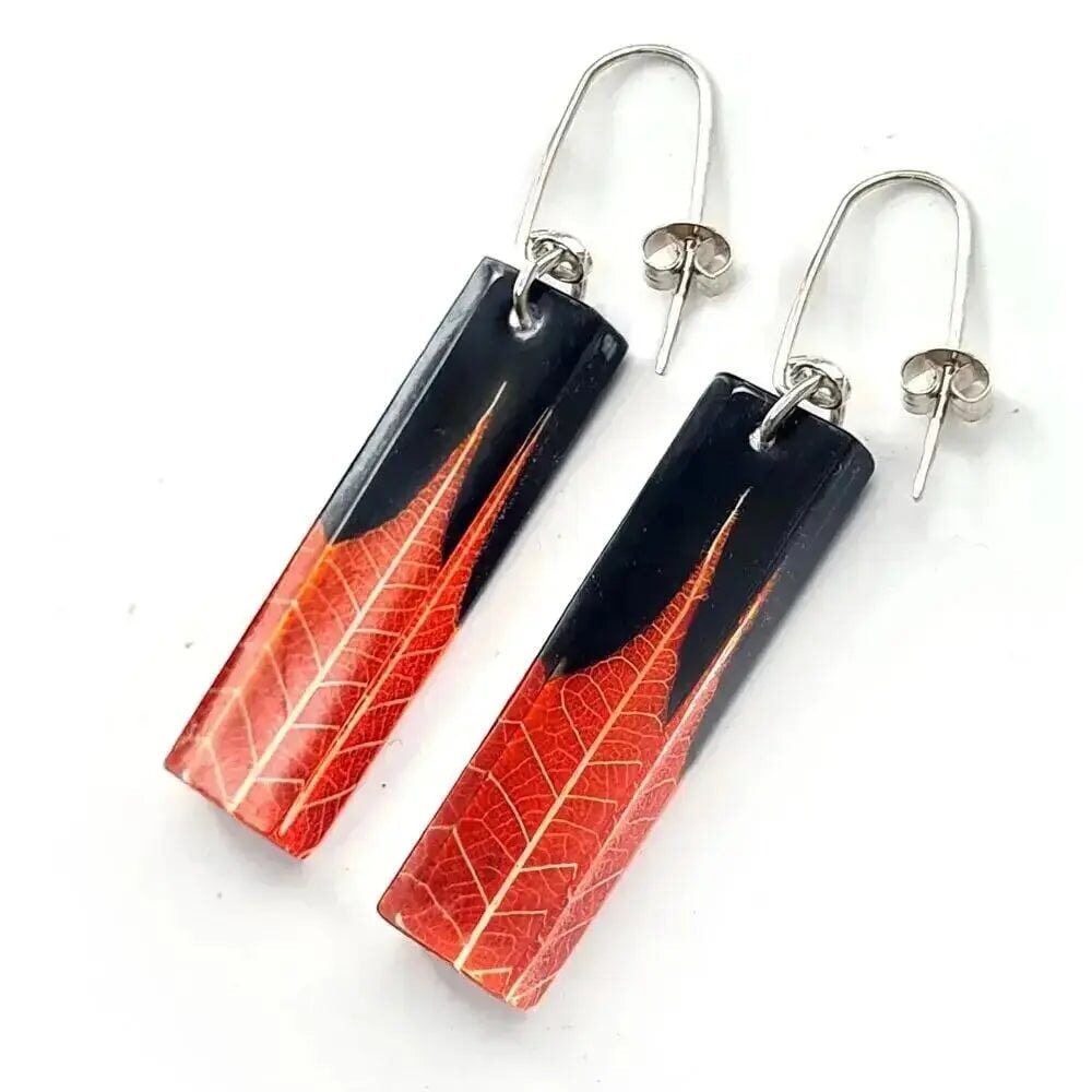 Red Recycled Plastic EARRINGS, surgery steel 316L, Recycled Bottle  earrings, LEAF long earrings, Red Leaf long earrings,Leaf Dangle Earrings