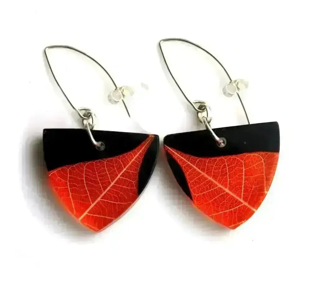 Ginger Skeleton Leaf | Triangle Earrings | Recycled Perspex Sue Gregor