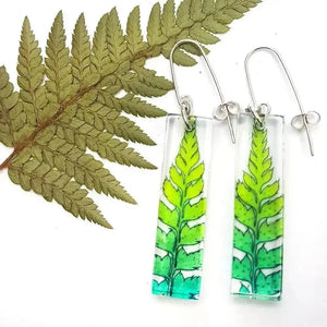 Green dip-dye Fern leaf Earrings | Recycled Perspex earring Sue Gregor 