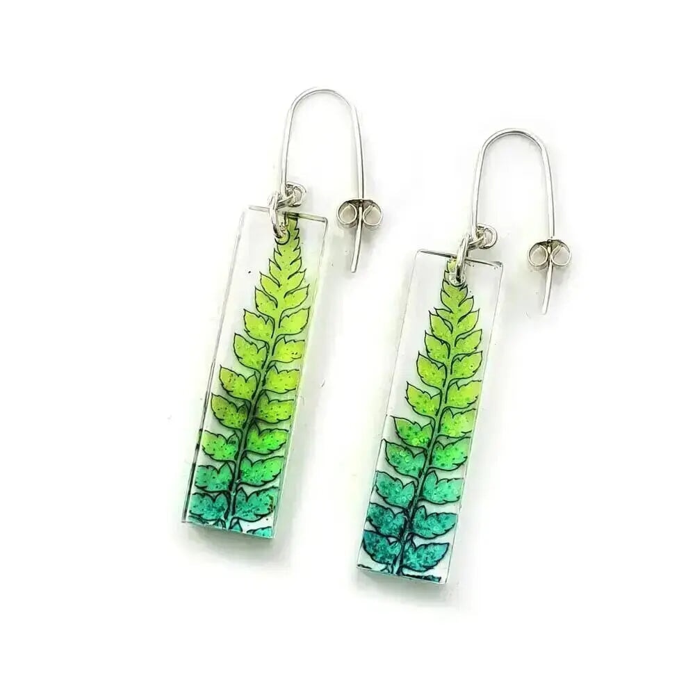 Green dip-dye Fern leaf Earrings | Recycled Perspex Sue Gregor