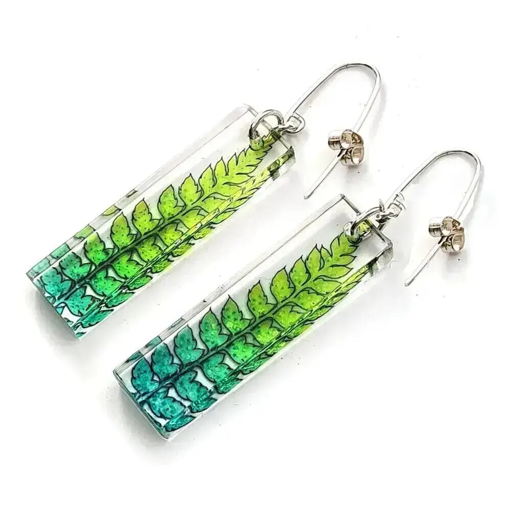 Green dip-dye Fern leaf Earrings | Recycled Perspex Sue Gregor