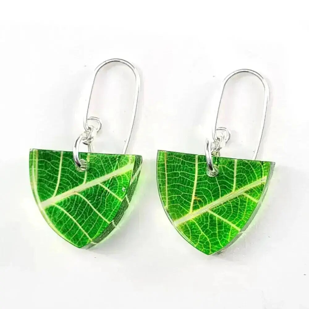 Green Skeleton Leaf | Small Triangle Earrings | Recycled Perspex Sue Gregor