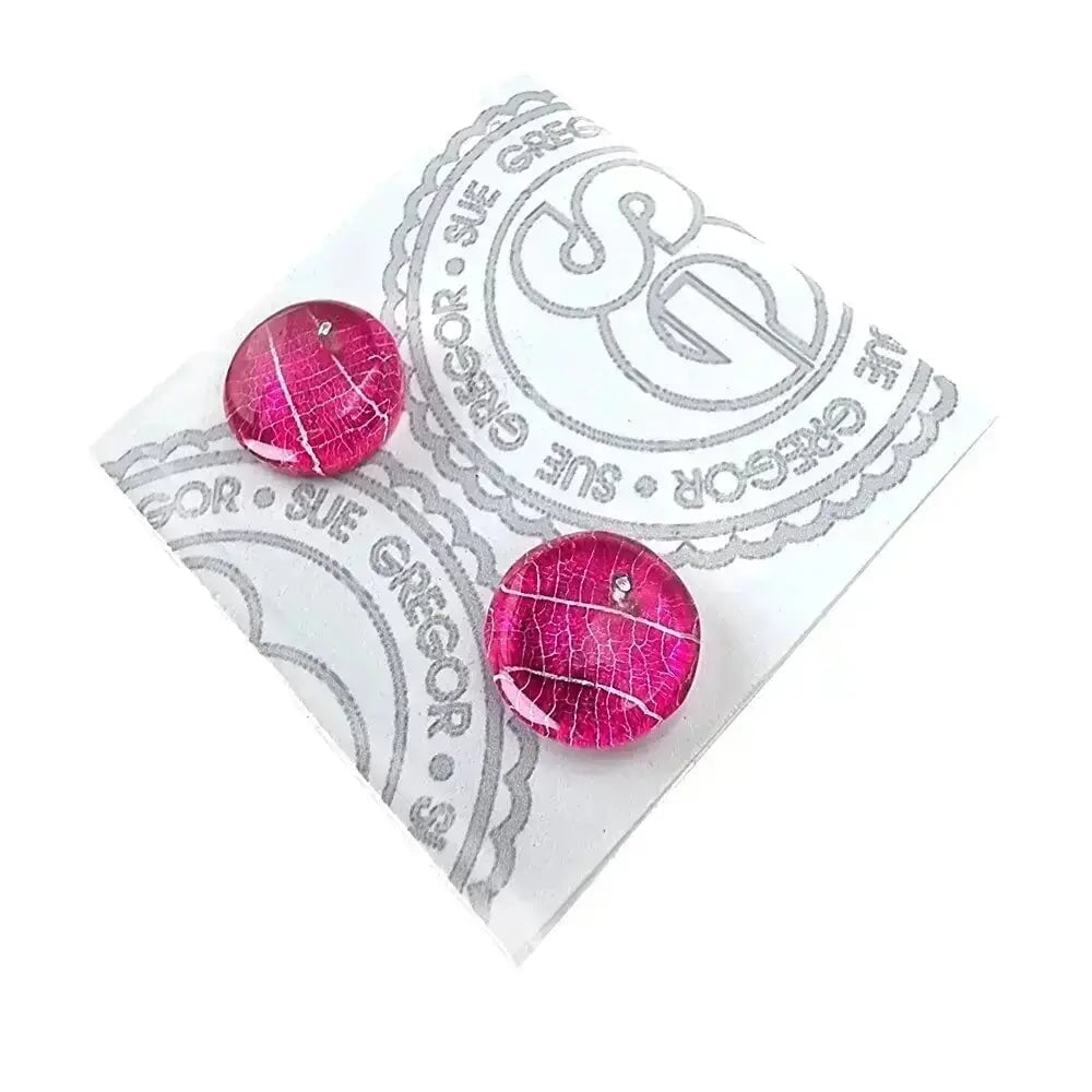 Magenta skeleton leaf Stud earrings Recycled plastic Sue Gregor