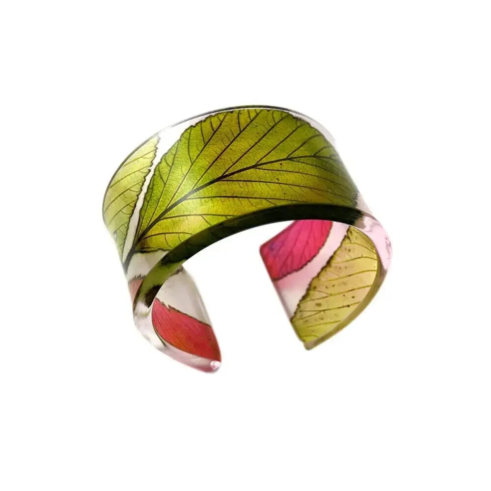 Olive and Raspberry real leaf cuff bangle bracelet recycled plastic sue gregor contemporary art jewellery