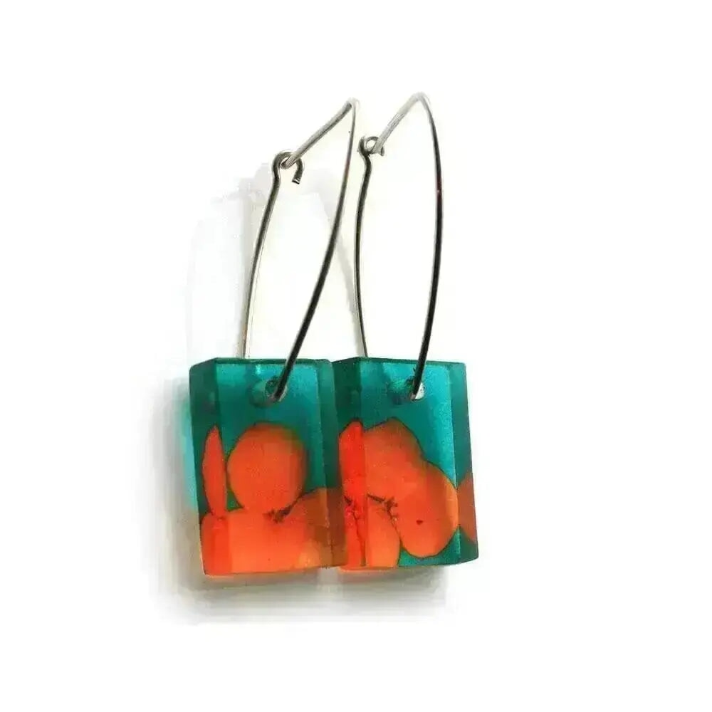 Orange Tiny Hydrangea | Small Rectangle Earrings | Recycled Perspex Sue Gregor