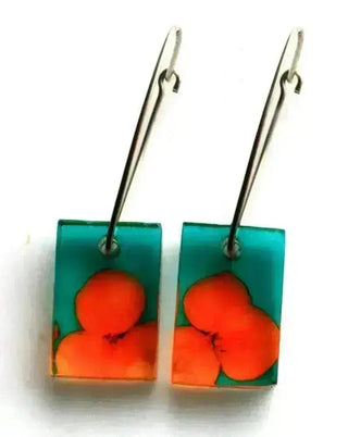 Orange Tiny Hydrangea | Small Rectangle Earrings | Recycled Perspex Sue Gregor