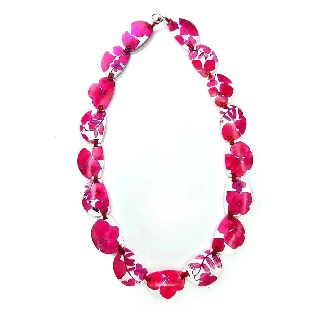 25 " Pink Hydrangea stitched necklace Recycled Plastic Sue Gregor