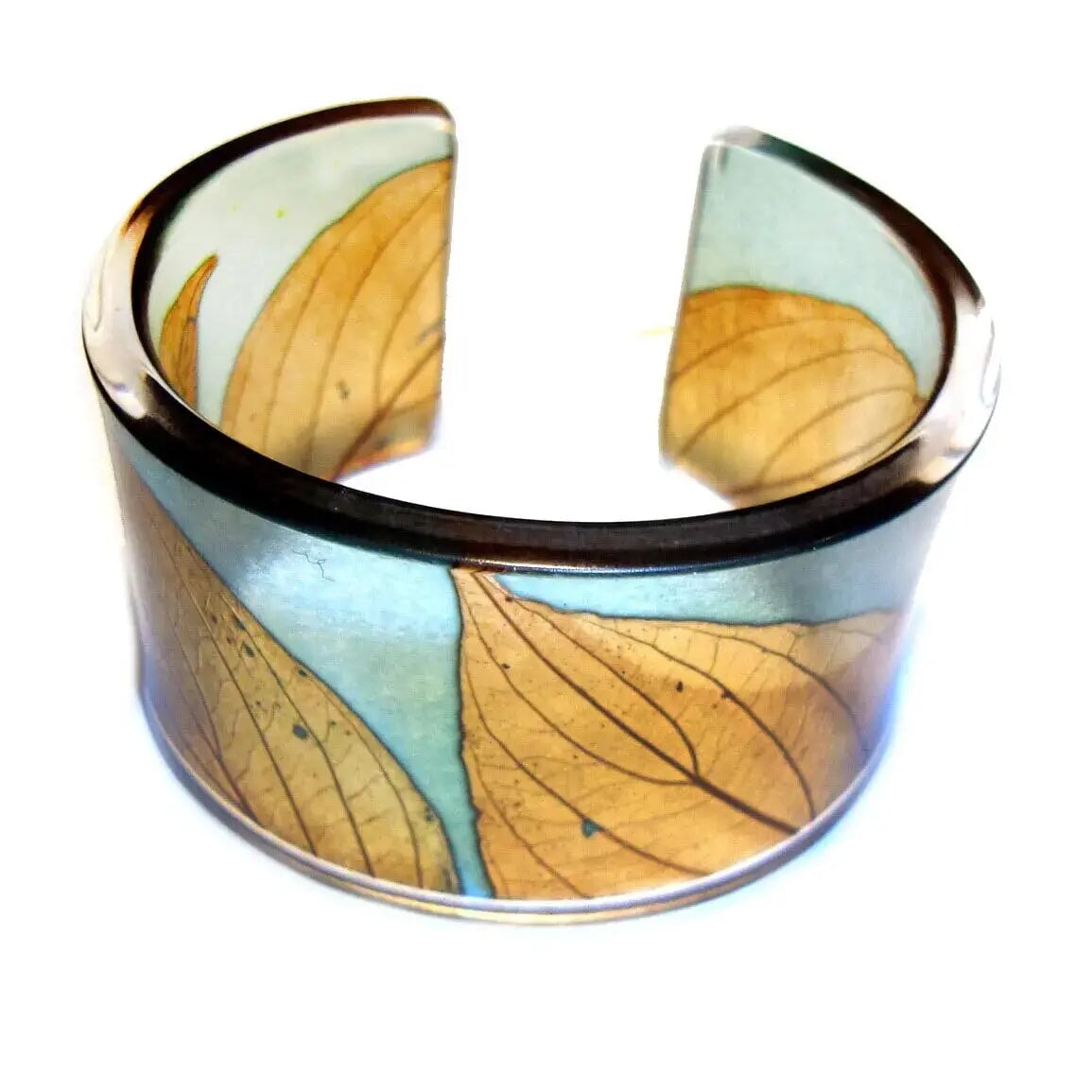 Soft Blue and Toffee Autumn leaf cuff Bangle bracelet recycled plastic sue Gregor