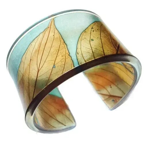 Soft Blue and Toffee Autumn leaf cuff Bangle bracelet recycled plastic sue Gregor