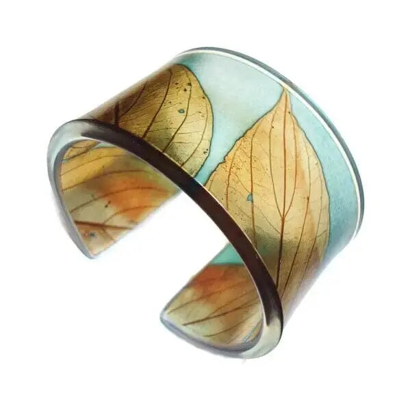 Soft Blue and Toffee Autumn leaf cuff Bangle bracelet recycled plastic sue Gregor