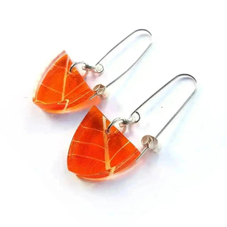 Turmeric Skeleton Leaf  Triangle Recycled Plastic Earrings Sue Gregor