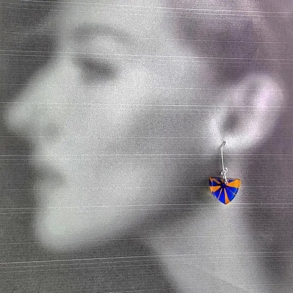 Turmeric yellow and violet star leaf earrings by Sue Gregor recycled plastic and silver