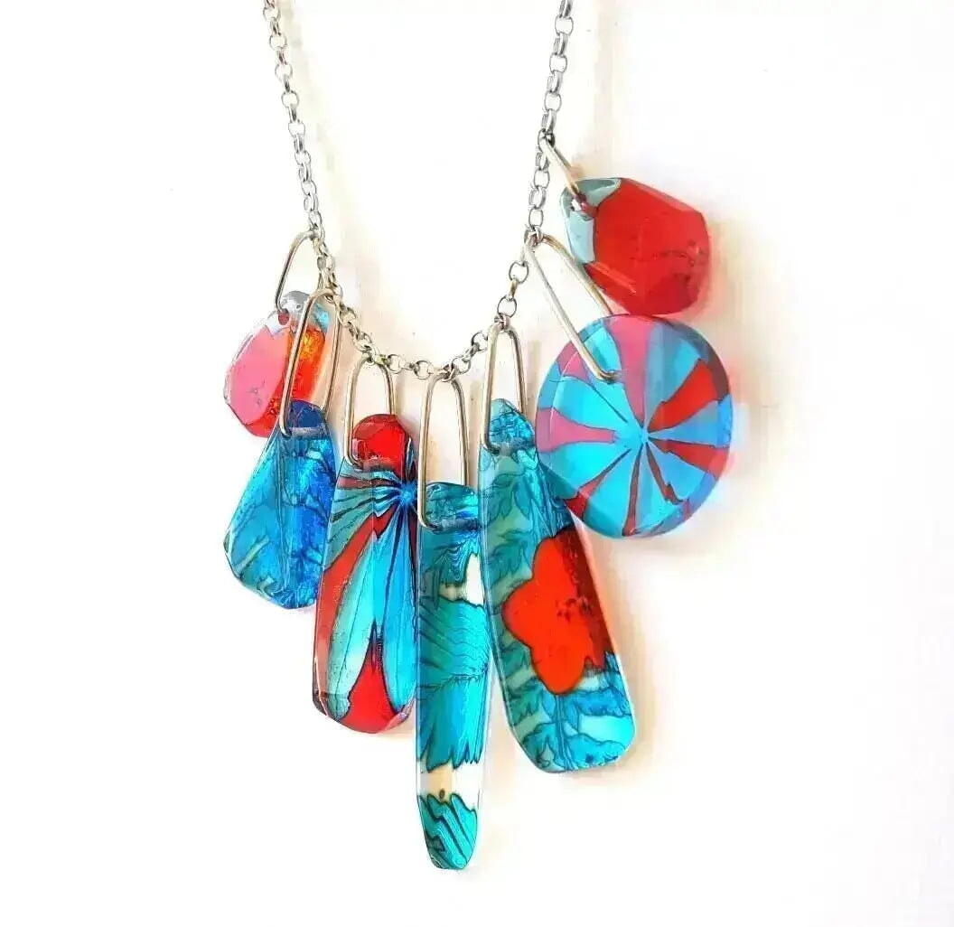 Turquoise & Red Collections Necklace | Silver Chain | Recycled Perspex | 3 Lengths Sue Gregor